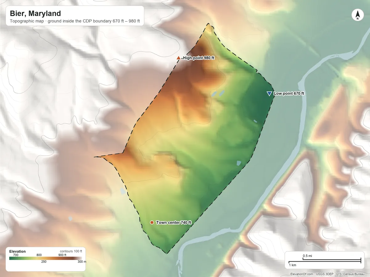Topographic elevation map of Bier, Maryland, shaded from 670 ft on the northeast side to 980 ft on the north edge, below higher ground just outside