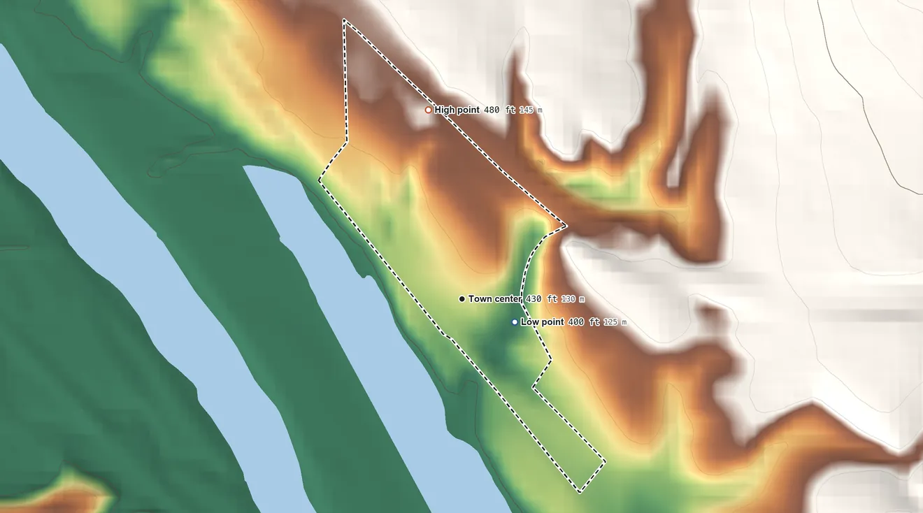 Topographic elevation map of Big Pool, Maryland, shaded from 400 ft on the southeast side to 480 ft on the north edge, below higher ground just outside