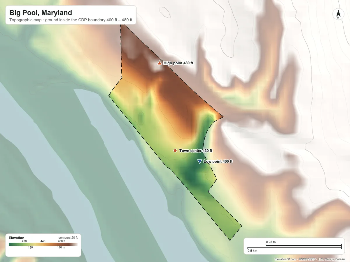 Topographic elevation map of Big Pool, Maryland, shaded from 400 ft on the southeast side to 480 ft on the north edge, below higher ground just outside