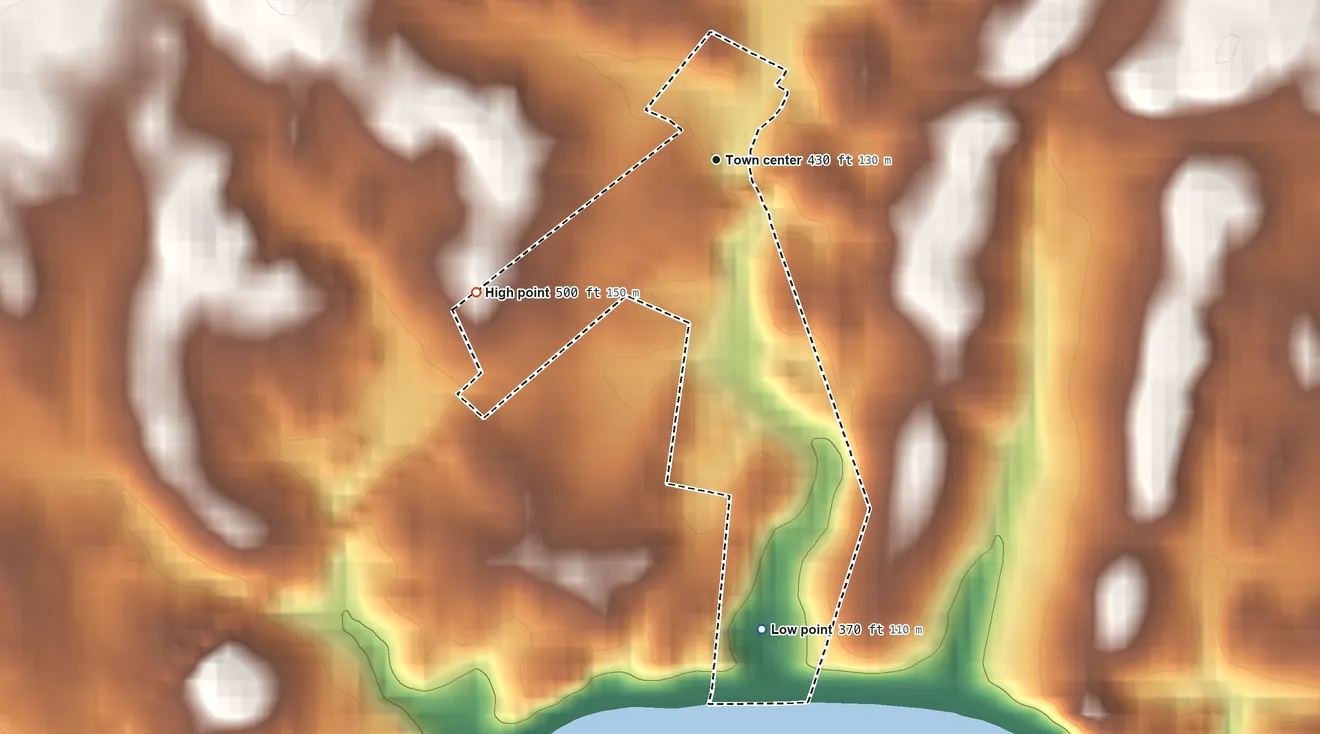 Topographic elevation map of Big Spring, Maryland, shaded from 370 ft on the south side to 500 ft on the southwest edge, below higher ground just outside