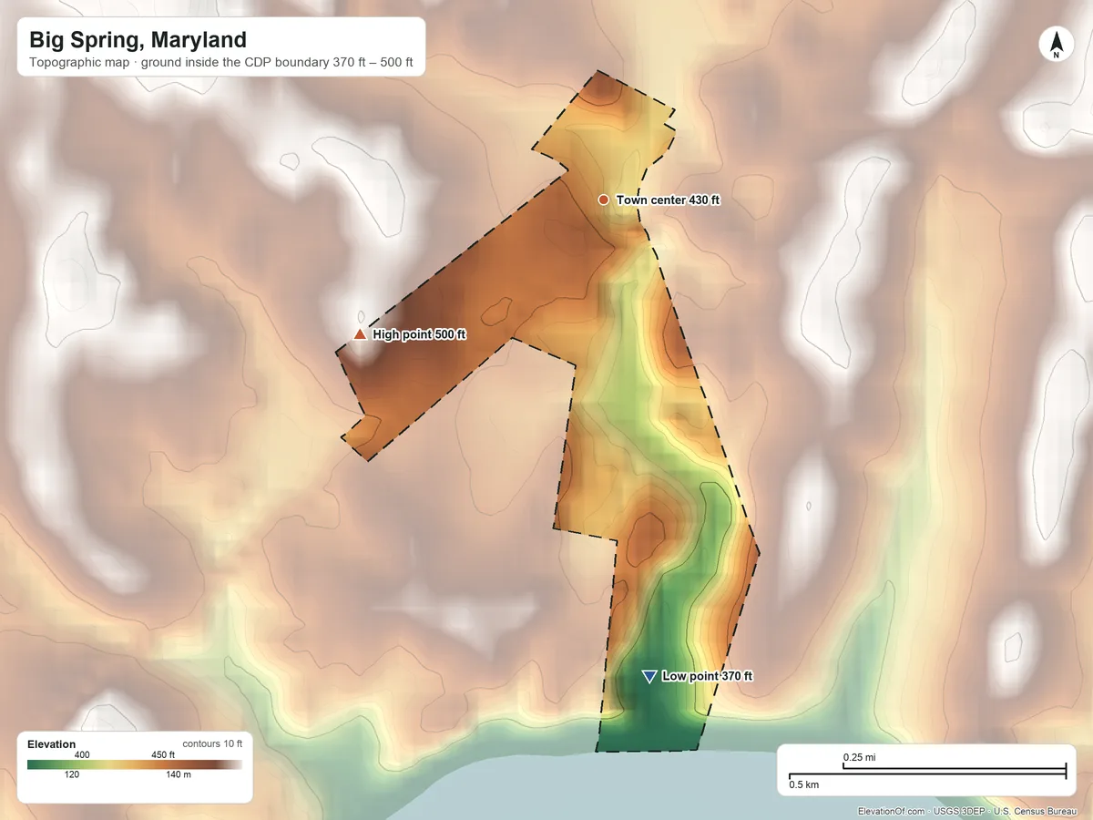 Topographic elevation map of Big Spring, Maryland, shaded from 370 ft on the south side to 500 ft on the southwest edge, below higher ground just outside