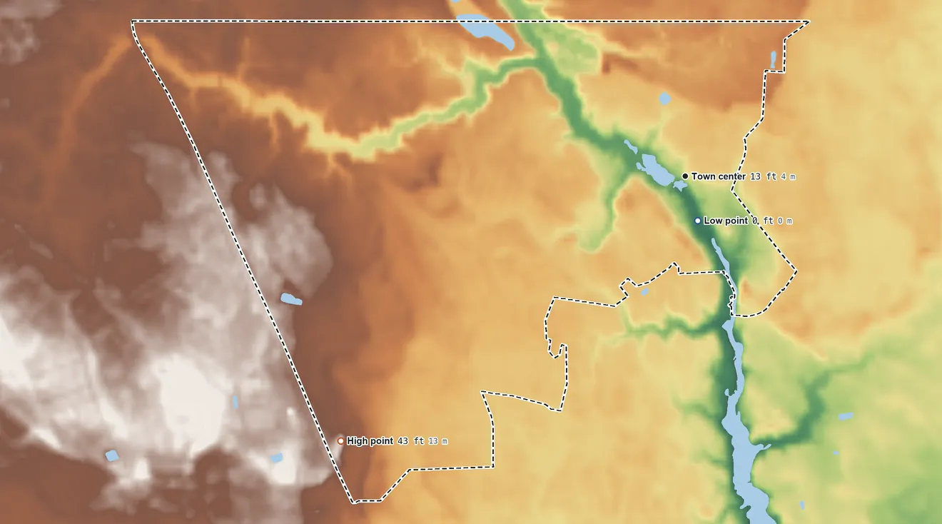 Topographic elevation map of Bishopville, Maryland, shaded from 0 ft near the middle to 43 ft on the southwest side