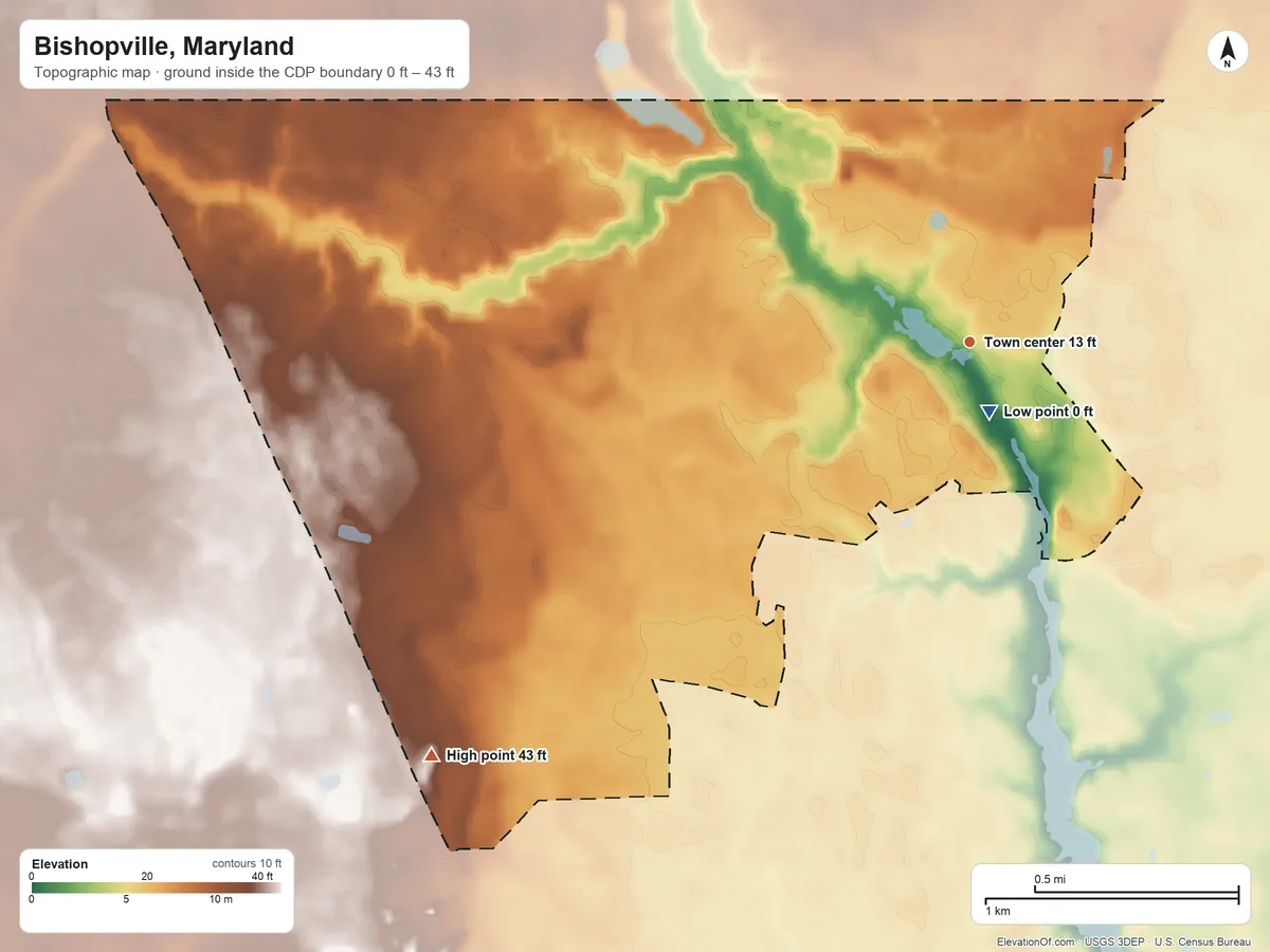 Topographic elevation map of Bishopville, Maryland, shaded from 0 ft near the middle to 43 ft on the southwest side