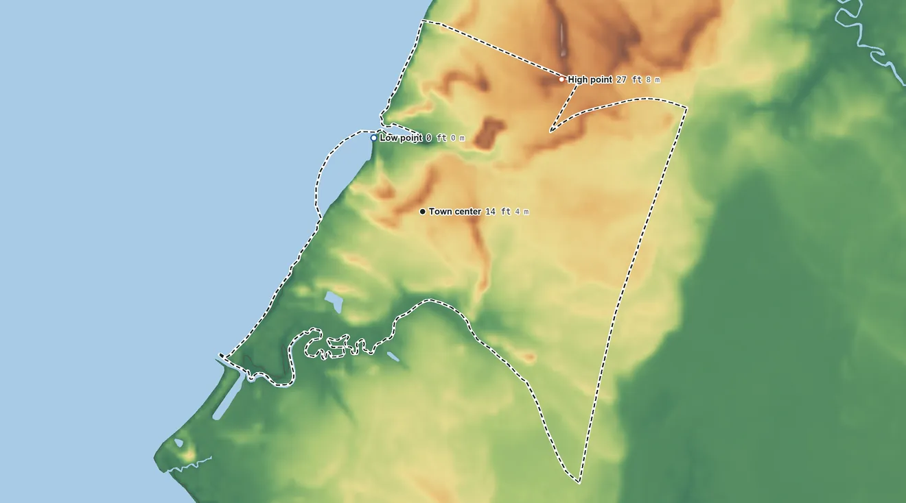 Topographic elevation map of Bivalve, Maryland, shaded from 0 ft on the northwest side to 27 ft on the northeast side