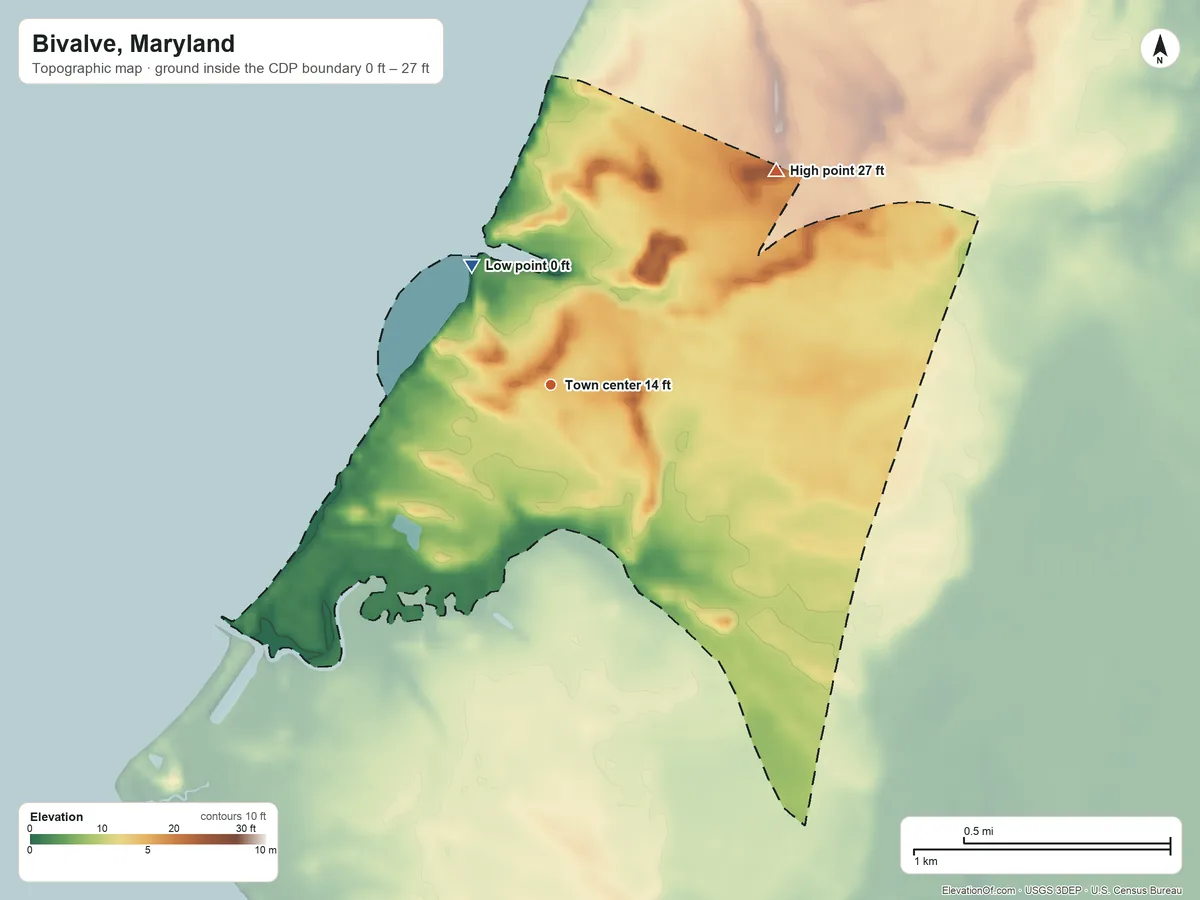 Topographic elevation map of Bivalve, Maryland, shaded from 0 ft on the northwest side to 27 ft on the northeast side