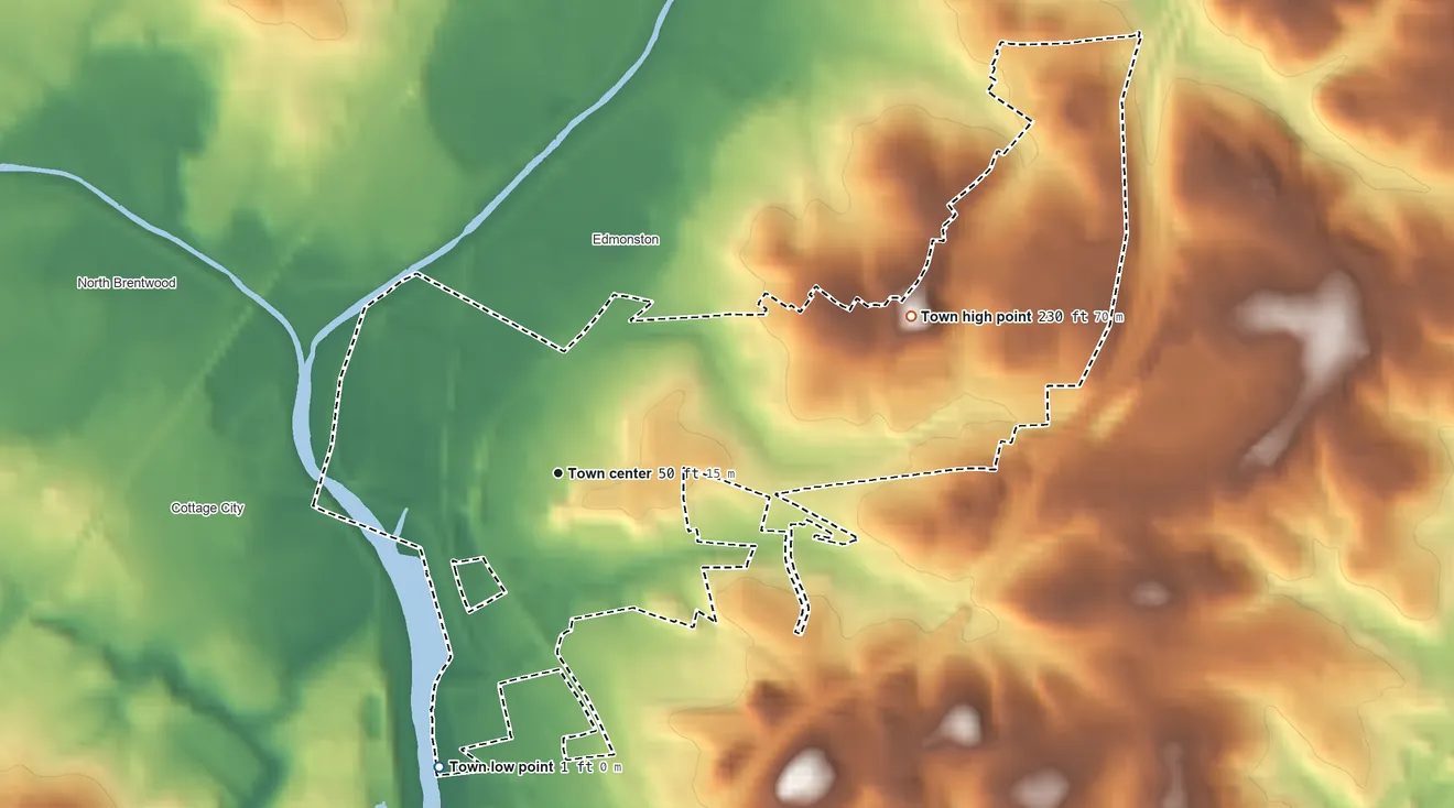 Topographic elevation map of Bladensburg, Maryland, shaded from 1 ft on the south side to 230 ft on the northeast side