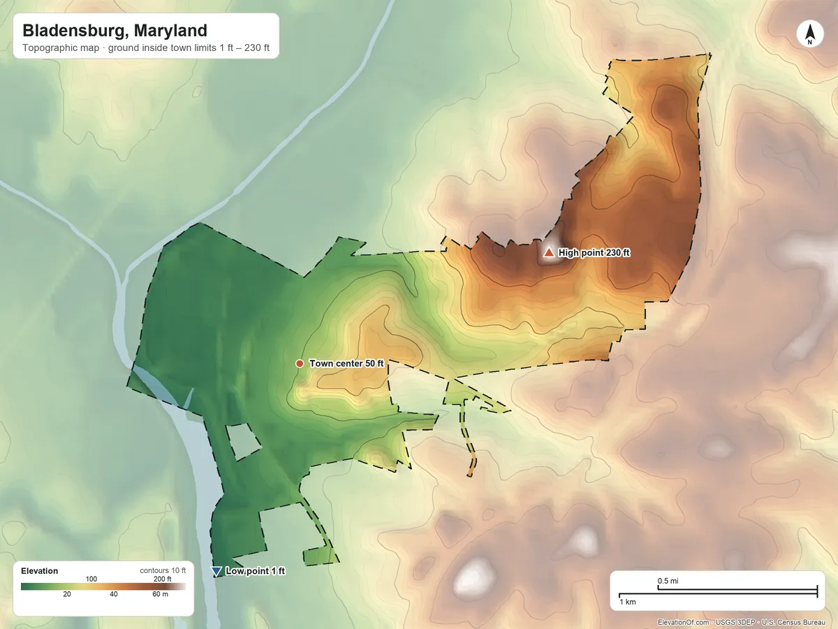 Topographic elevation map of Bladensburg, Maryland, shaded from 1 ft on the south side to 230 ft on the northeast side