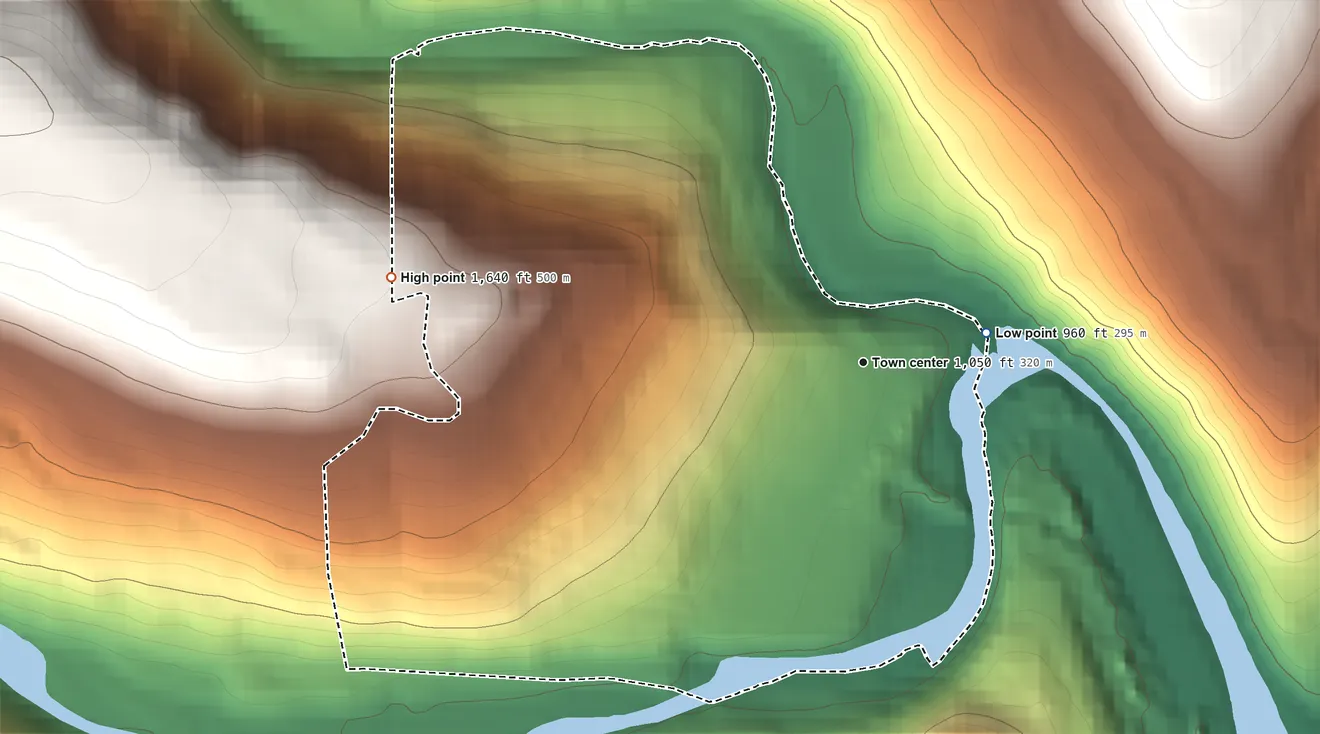 Topographic elevation map of Bloomington, Maryland, shaded from 960 ft on the east side to 1,640 ft on the west edge, below higher ground just outside
