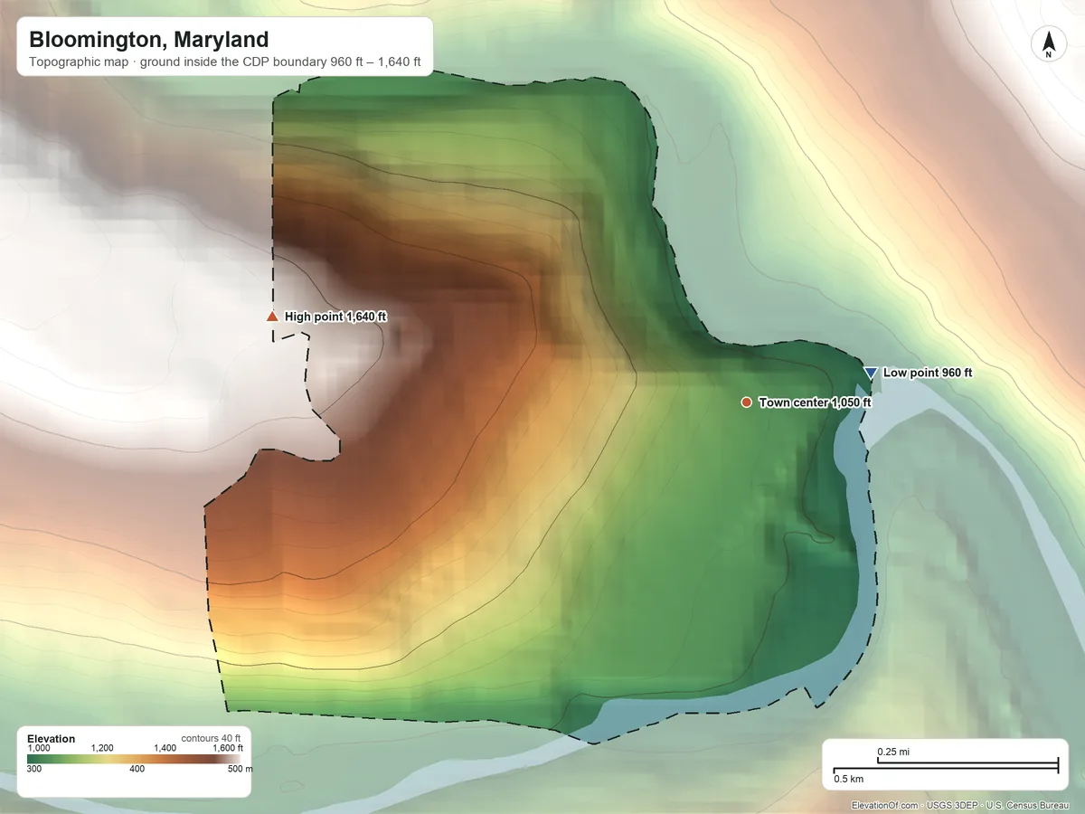 Topographic elevation map of Bloomington, Maryland, shaded from 960 ft on the east side to 1,640 ft on the west edge, below higher ground just outside