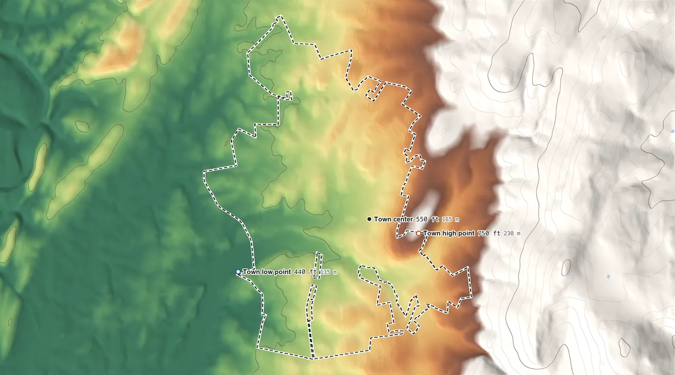 Topographic elevation map of Boonsboro, Maryland, shaded from 440 ft on the west side to 750 ft on the east edge, below higher ground just outside