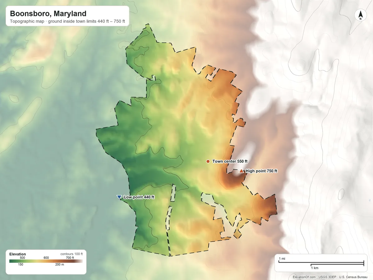 Topographic elevation map of Boonsboro, Maryland, shaded from 440 ft on the west side to 750 ft on the east edge, below higher ground just outside