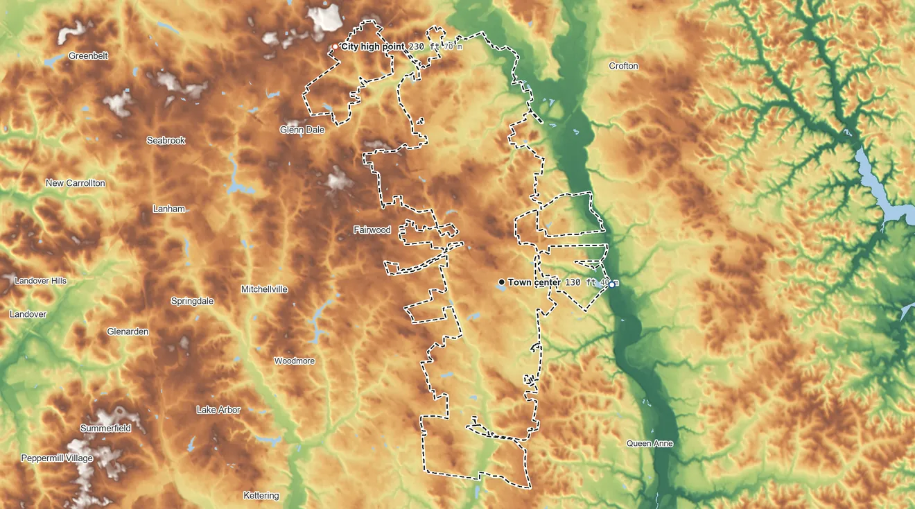 Topographic elevation map of Bowie, Maryland, shaded from 17 ft on the east side to 230 ft on the northwest side