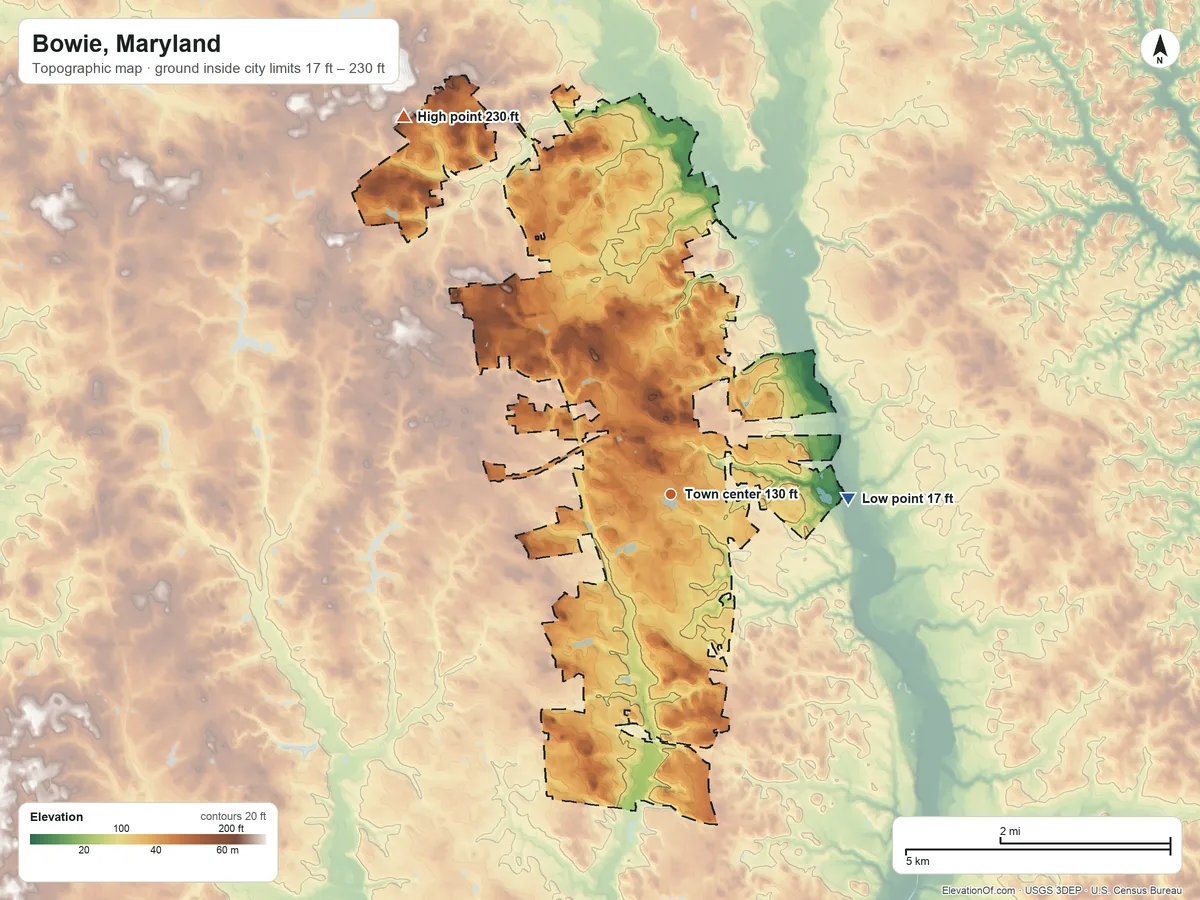 Topographic elevation map of Bowie, Maryland, shaded from 17 ft on the east side to 230 ft on the northwest side