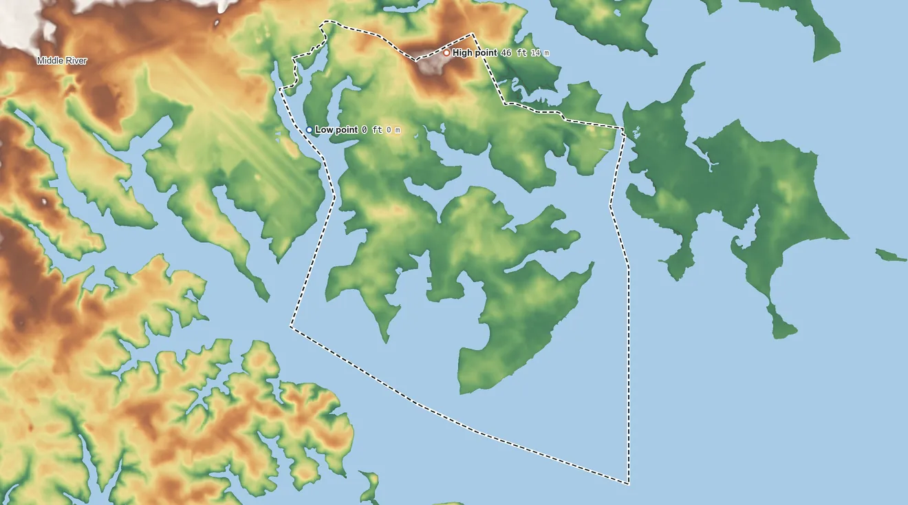 Topographic elevation map of Bowleys Quarters, Maryland, shaded from sea level level on Frog Mortar Creek to 46 ft on the north side