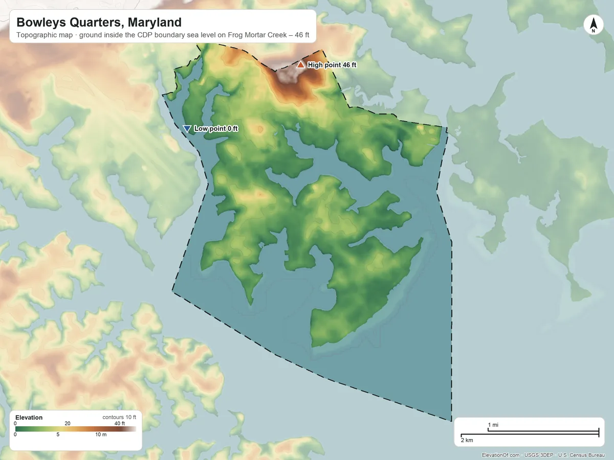 Topographic elevation map of Bowleys Quarters, Maryland, shaded from sea level level on Frog Mortar Creek to 46 ft on the north side