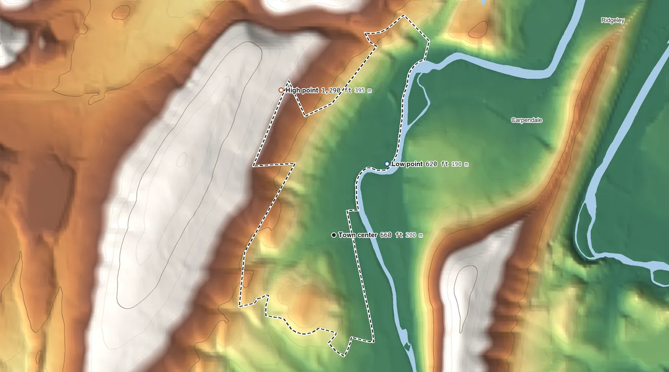 Topographic elevation map of Bowling Green, Maryland, shaded from 620 ft on the northeast side to 1,290 ft on the north edge, below higher ground just outside