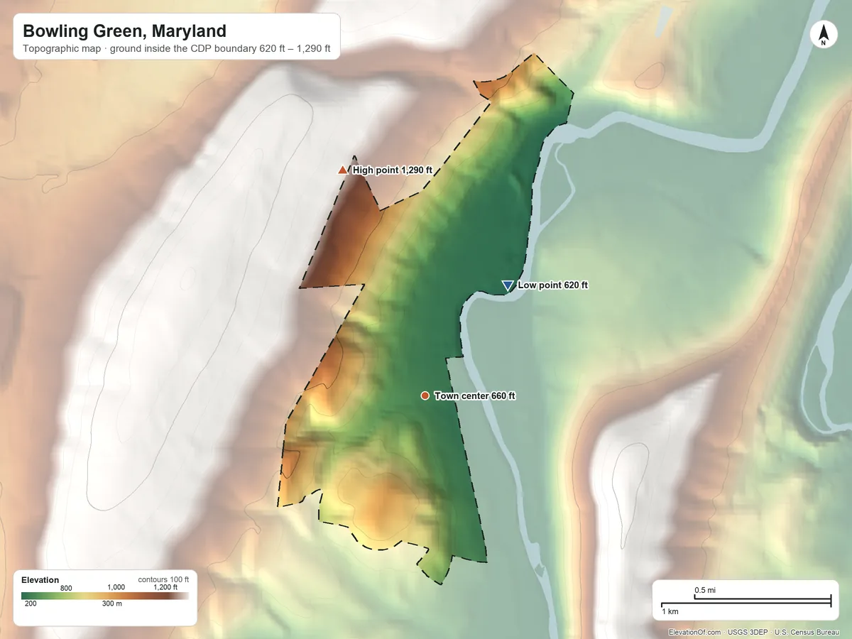 Topographic elevation map of Bowling Green, Maryland, shaded from 620 ft on the northeast side to 1,290 ft on the north edge, below higher ground just outside
