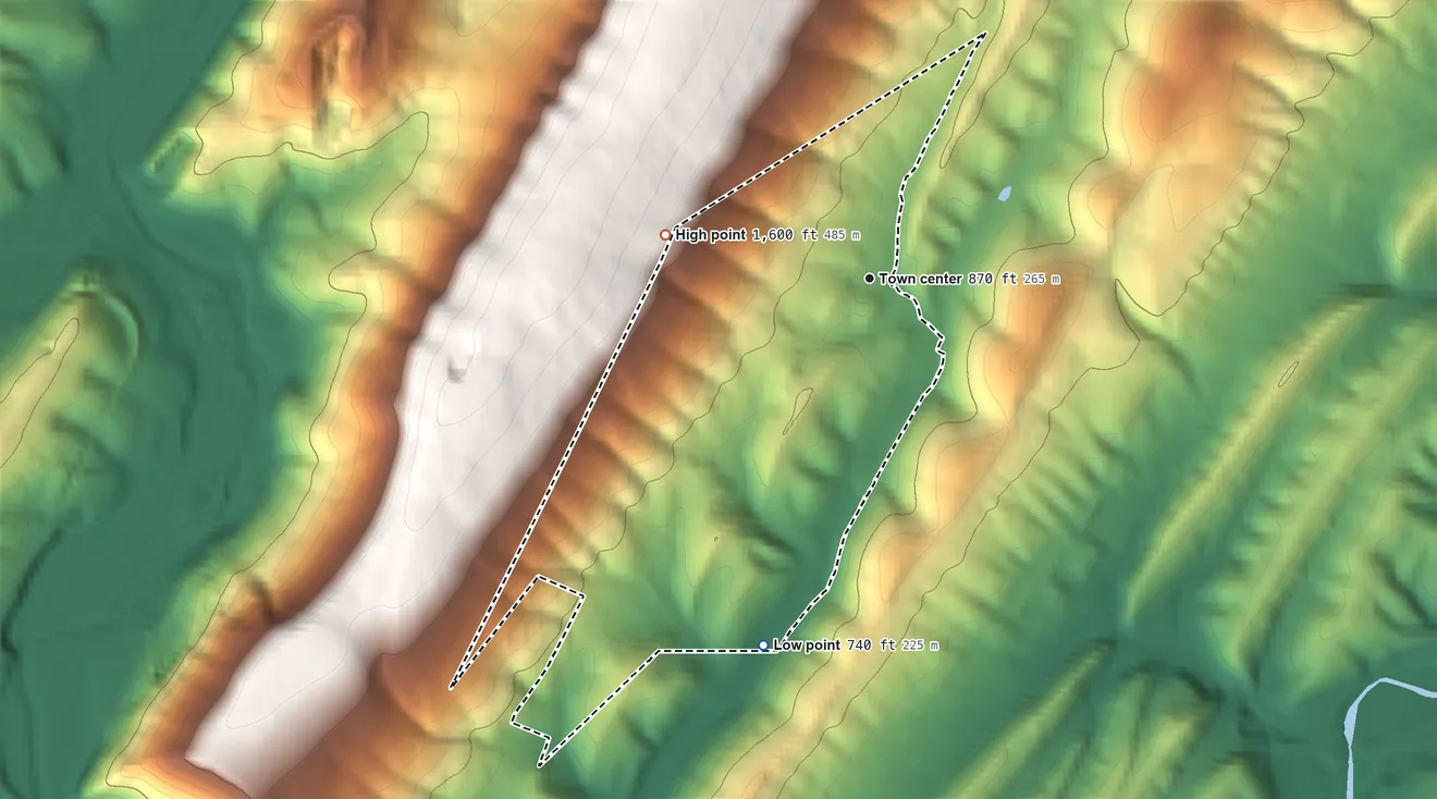 Topographic elevation map of Bowmans Addition, Maryland, shaded from 740 ft on the south side to 1,600 ft on the west edge, below higher ground just outside