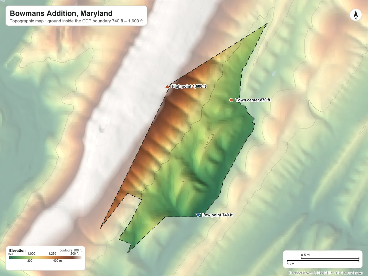 Topographic elevation map of Bowmans Addition, Maryland, shaded from 740 ft on the south side to 1,600 ft on the west edge, below higher ground just outside