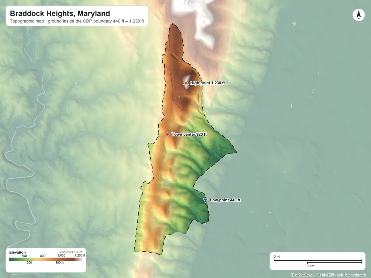 Topographic elevation map of Braddock Heights, Maryland, shaded from 440 ft on the southeast side to 1,230 ft on Ridge Hill