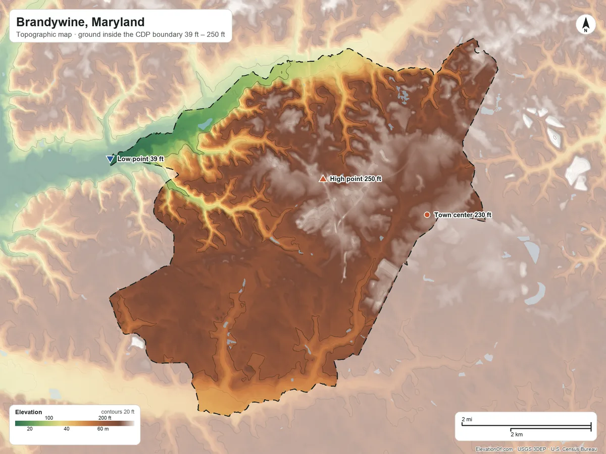 Topographic elevation map of Brandywine, Maryland, shaded from 39 ft on the west side to 250 ft on the west side
