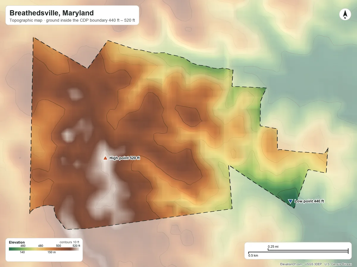 Topographic elevation map of Breathedsville, Maryland, shaded from 440 ft on the east side to 520 ft near the middle