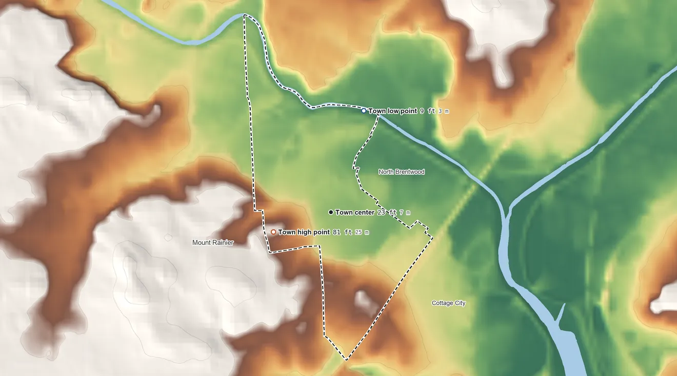 Topographic elevation map of Brentwood, Maryland, shaded from 9 ft on the north side to 81 ft on the west side