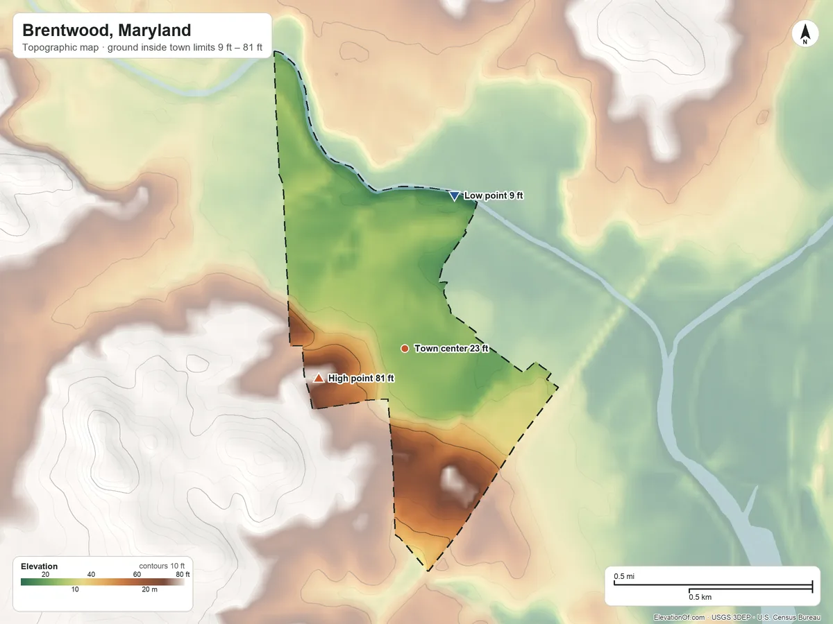 Topographic elevation map of Brentwood, Maryland, shaded from 9 ft on the north side to 81 ft on the west side