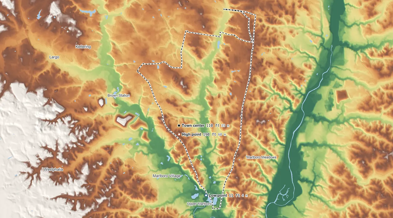 Topographic elevation map of Brock Hall, Maryland, shaded from 11 ft on the south side to 190 ft near the middle
