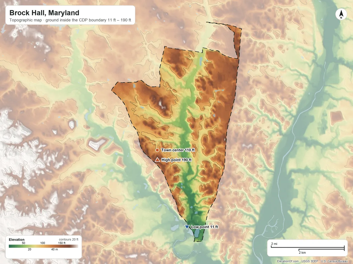 Topographic elevation map of Brock Hall, Maryland, shaded from 11 ft on the south side to 190 ft near the middle