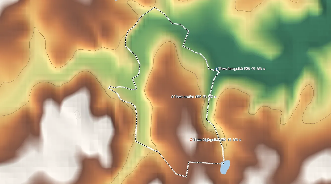 Topographic elevation map of Brookeville, Maryland, shaded from 350 ft on the northeast side to 460 ft on the southeast side