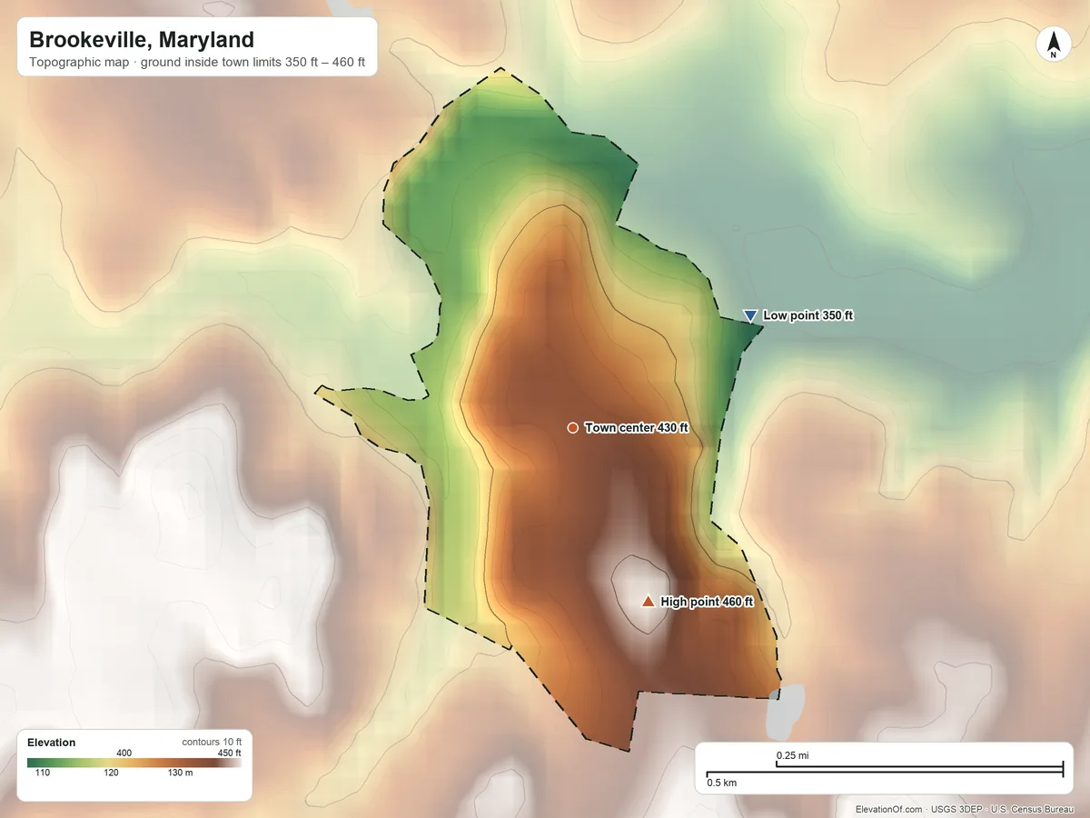 Topographic elevation map of Brookeville, Maryland, shaded from 350 ft on the northeast side to 460 ft on the southeast side