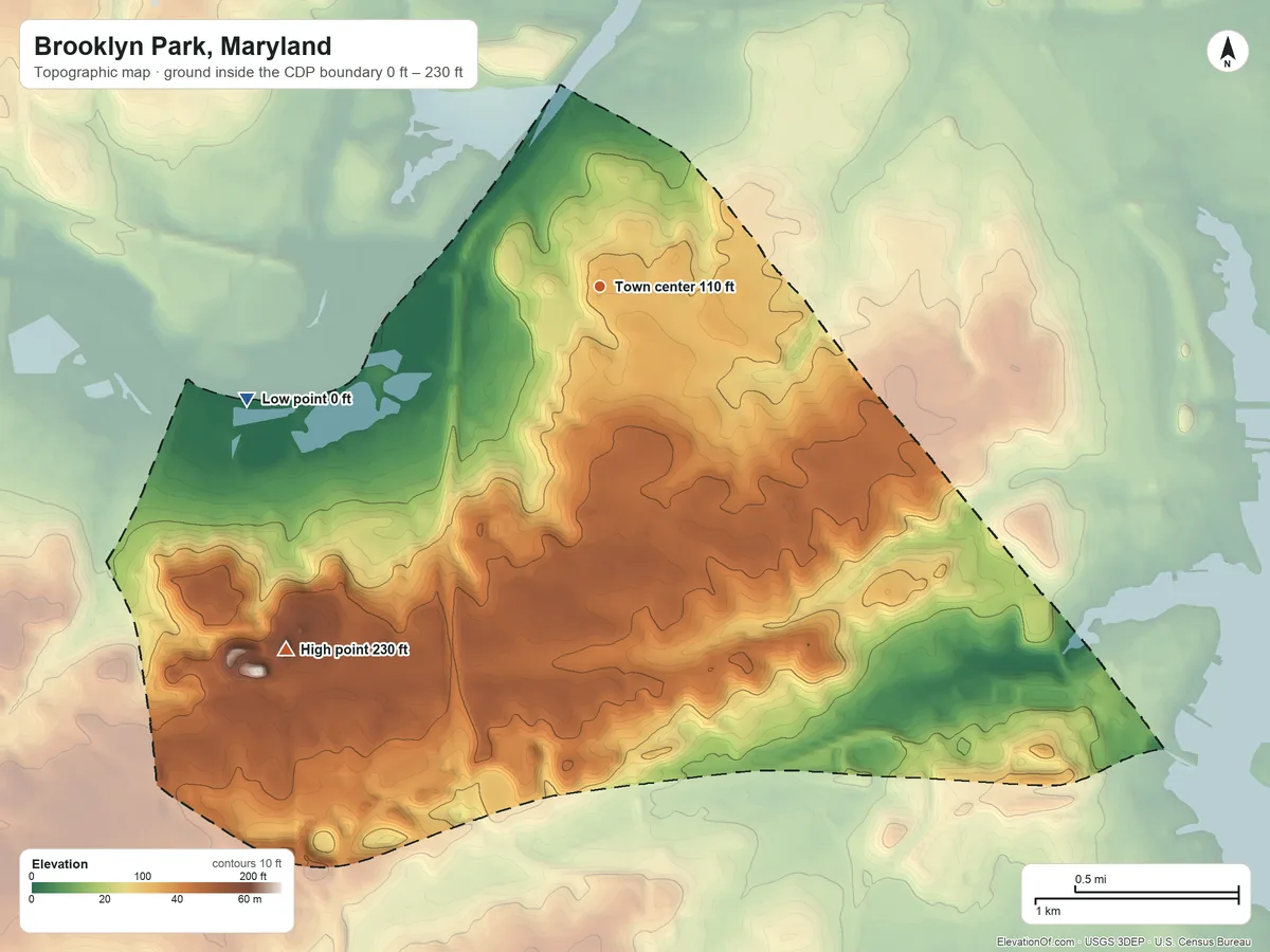 Topographic elevation map of Brooklyn Park, Maryland, shaded from 0 ft on the west side to 230 ft on the southwest side