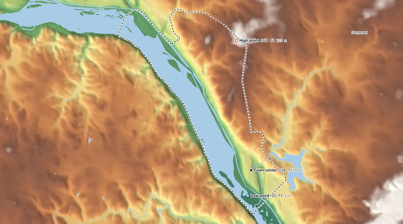 Topographic elevation map of Brookmont, Maryland, shaded from 16 ft near the middle to 360 ft on the north side