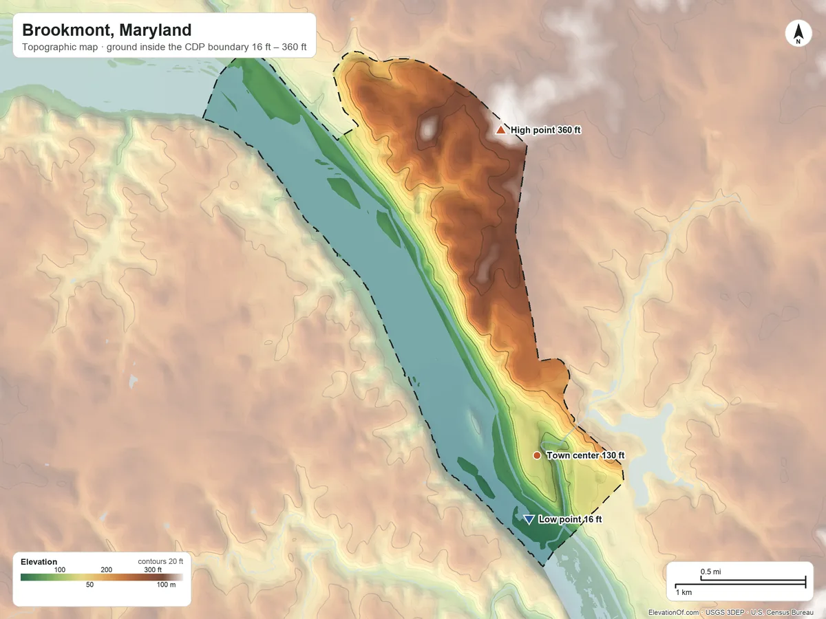 Topographic elevation map of Brookmont, Maryland, shaded from 16 ft near the middle to 360 ft on the north side
