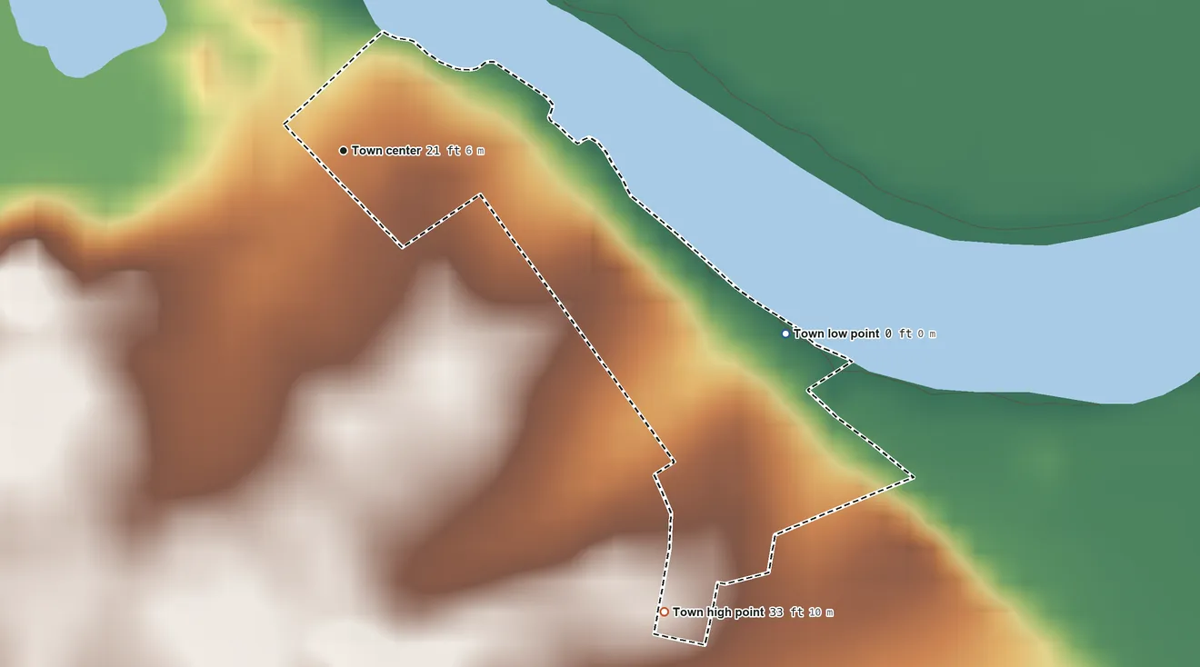 Topographic elevation map of Brookview, Maryland, shaded from 0 ft on the southeast side to 33 ft on the southeast side
