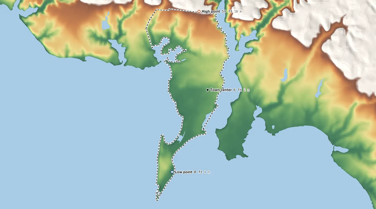 Topographic elevation map of Broomes Island, Maryland, shaded from 0 ft on the southwest side to 59 ft on the north side
