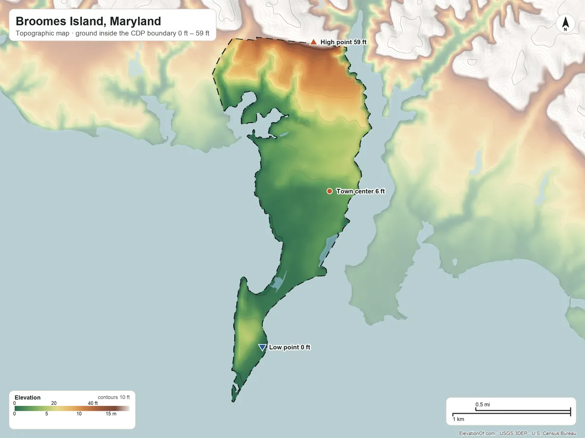 Topographic elevation map of Broomes Island, Maryland, shaded from 0 ft on the southwest side to 59 ft on the north side
