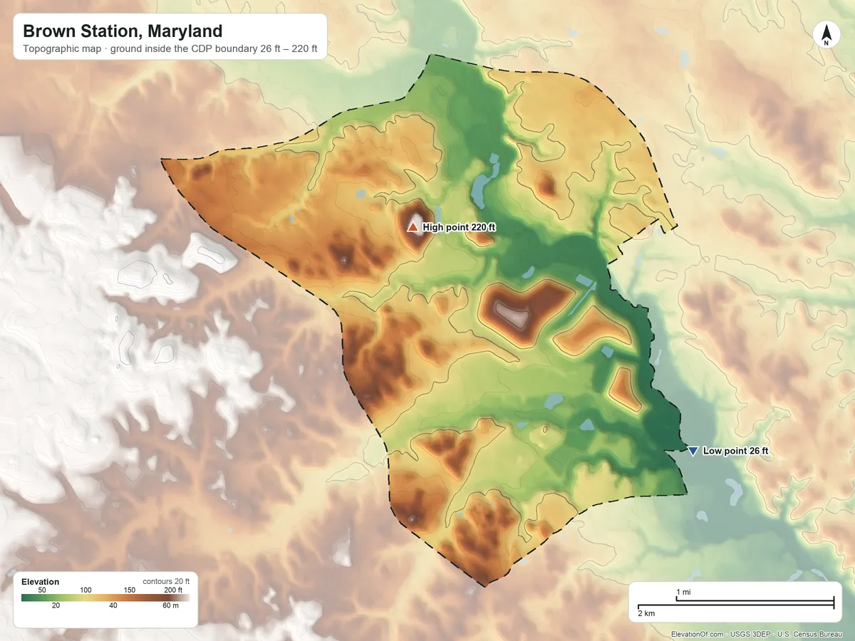 Topographic elevation map of Brown Station, Maryland, shaded from 26 ft on the southeast side to 220 ft on the west side