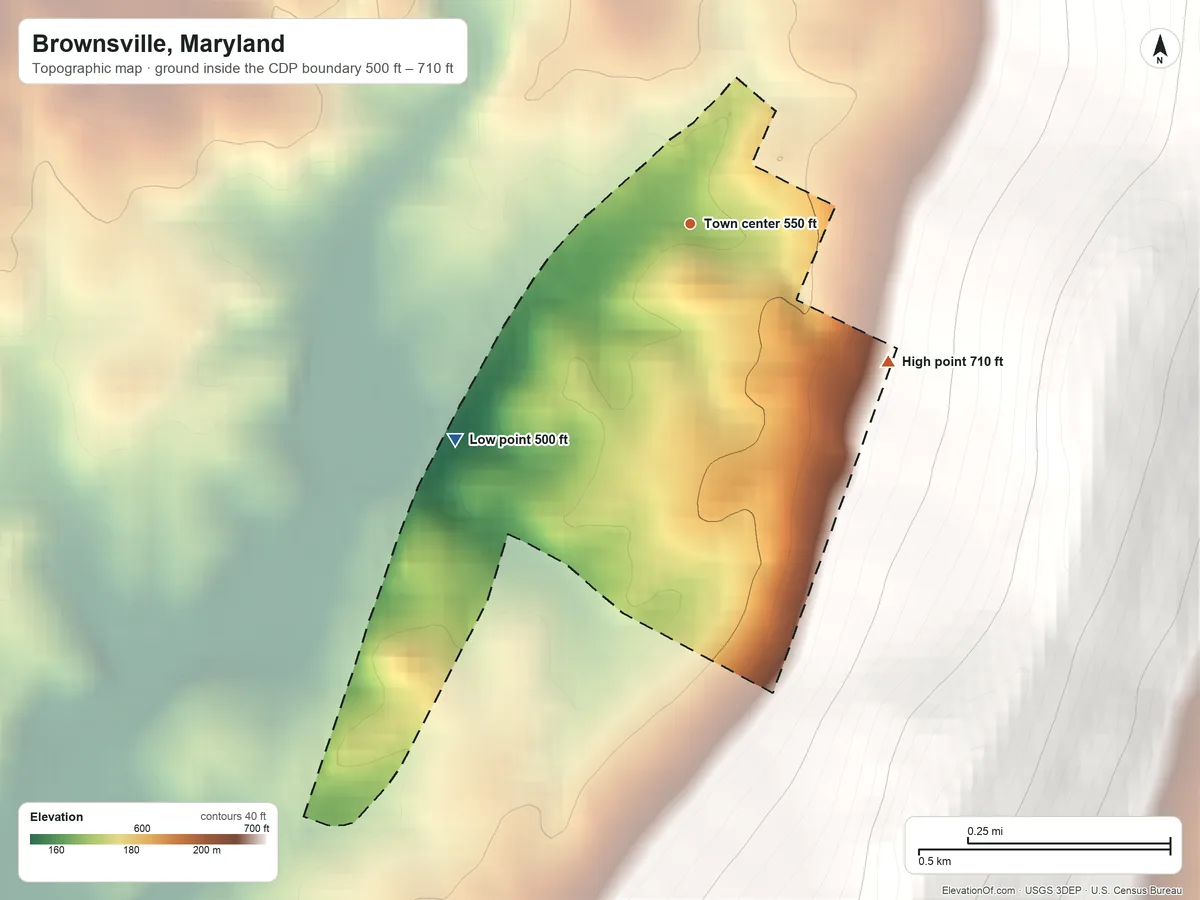 Topographic elevation map of Brownsville, Maryland, shaded from 500 ft on the southwest side to 710 ft on the southeast edge, below higher ground just outside