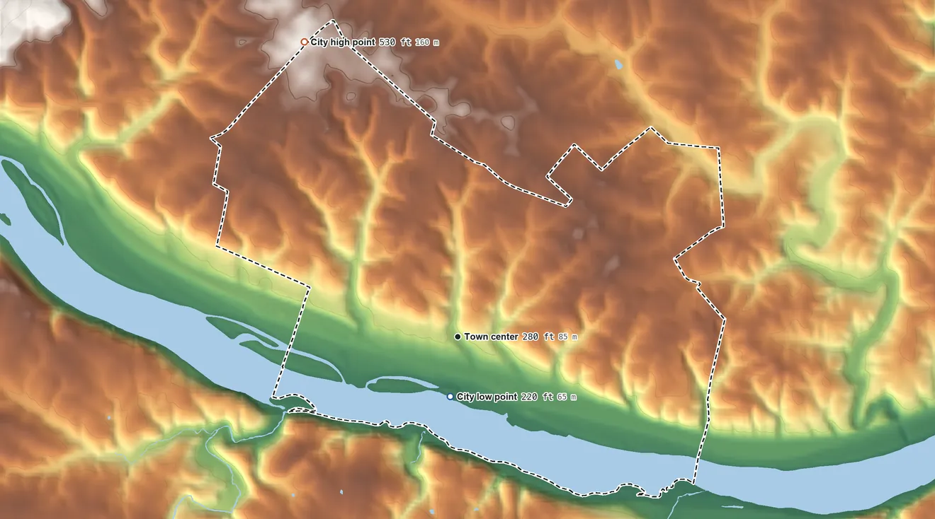 Topographic elevation map of Brunswick, Maryland, shaded from 220 ft near the middle to 530 ft on the northwest edge, below higher ground just outside
