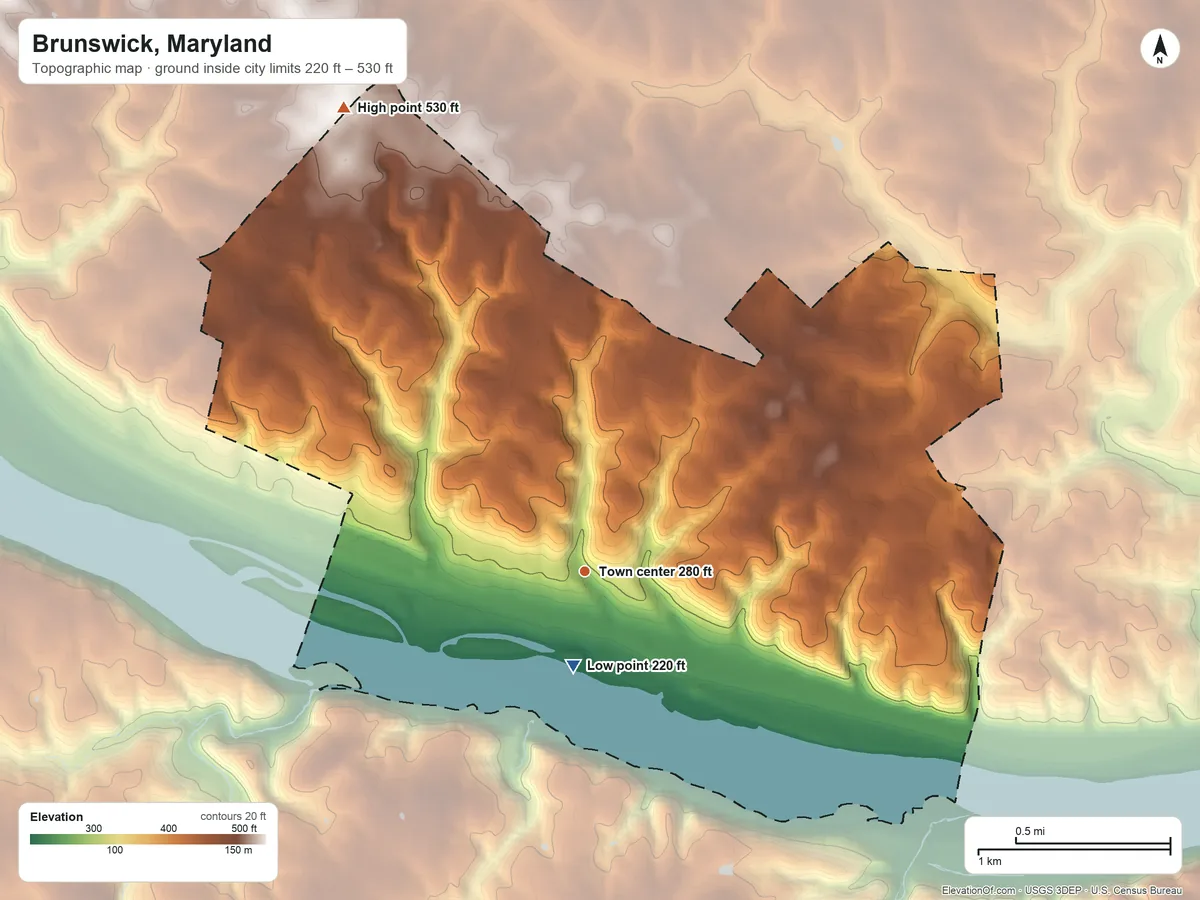 Topographic elevation map of Brunswick, Maryland, shaded from 220 ft near the middle to 530 ft on the northwest edge, below higher ground just outside