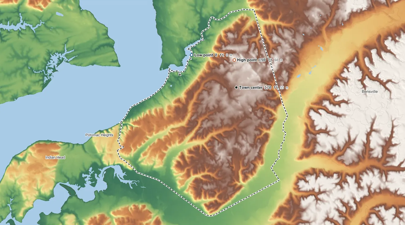 Topographic elevation map of Bryans Road, Maryland, shaded from 0 ft on the northwest side to 190 ft on the north side