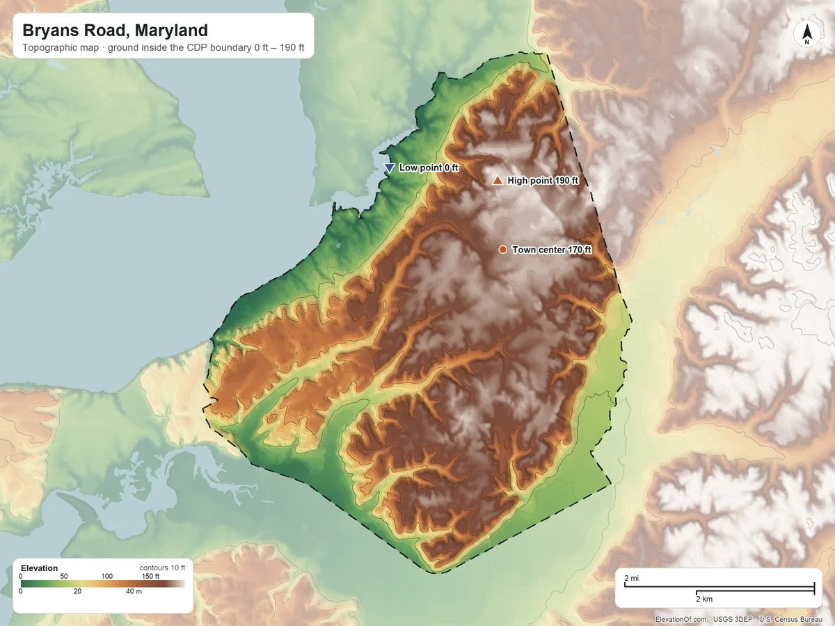 Topographic elevation map of Bryans Road, Maryland, shaded from 0 ft on the northwest side to 190 ft on the north side