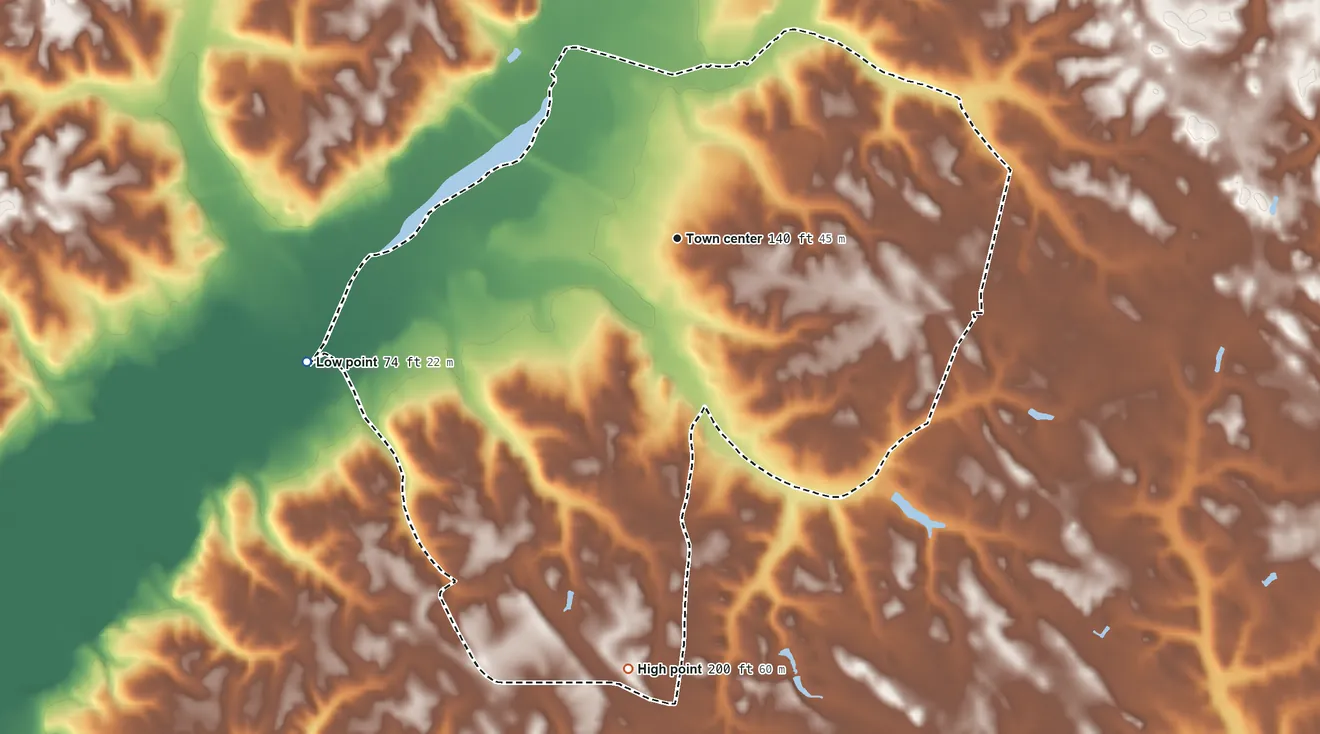 Topographic elevation map of Bryantown, Maryland, shaded from 74 ft on the west side to 200 ft on the south side