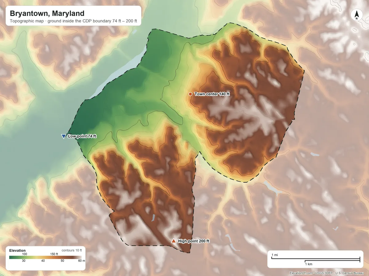 Topographic elevation map of Bryantown, Maryland, shaded from 74 ft on the west side to 200 ft on the south side
