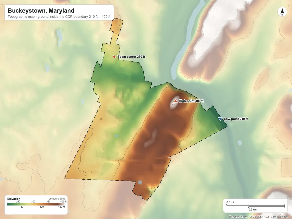 Topographic elevation map of Buckeystown, Maryland, shaded from 210 ft on the southeast side to 400 ft on the southeast side