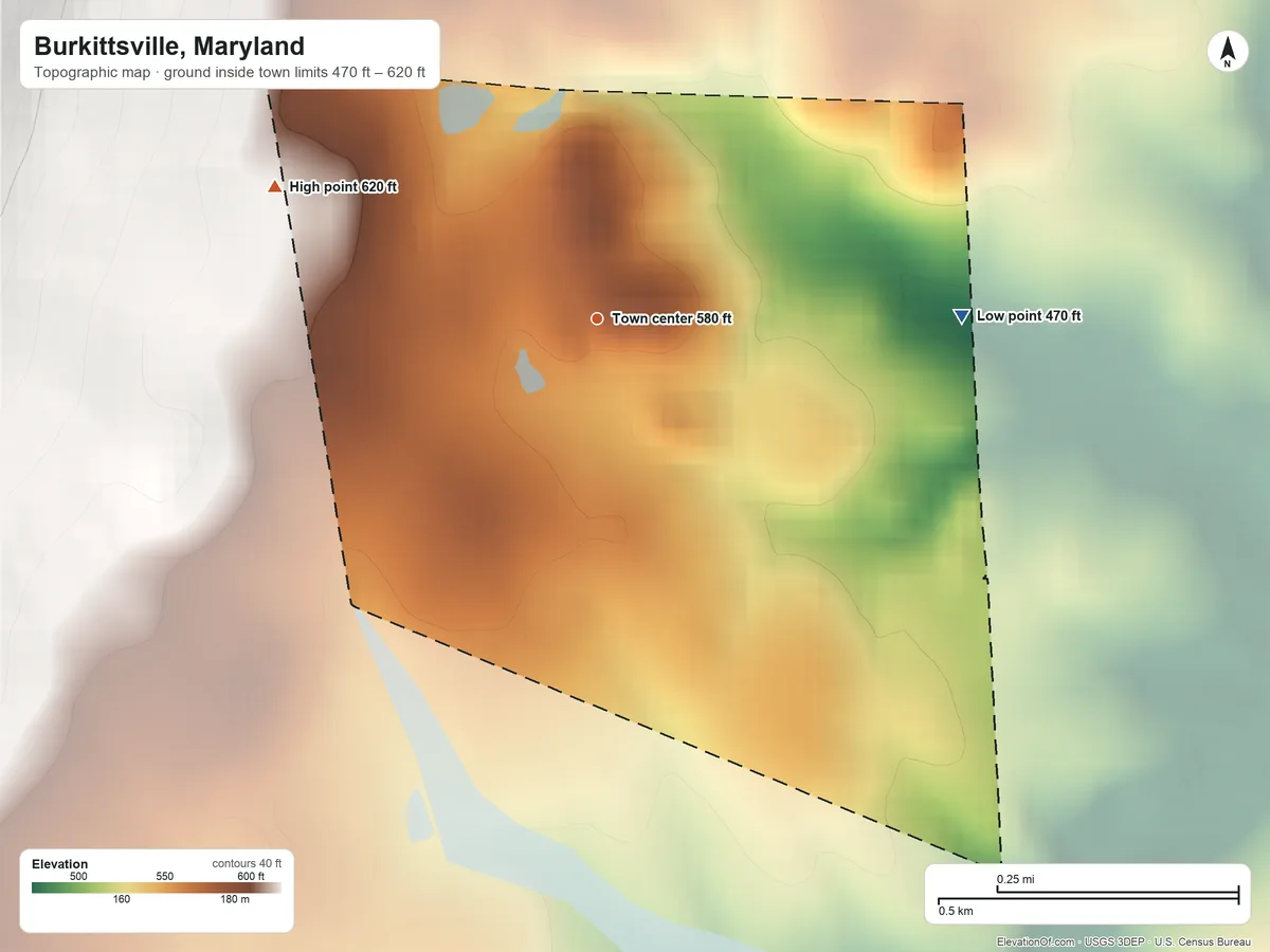 Topographic elevation map of Burkittsville, Maryland, shaded from 470 ft on the east side to 620 ft on the west edge, below higher ground just outside