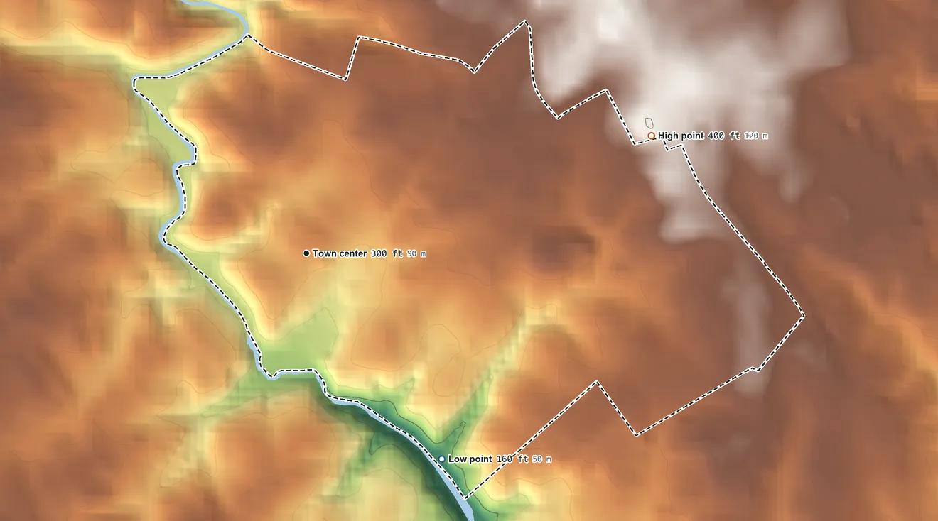 Topographic elevation map of Burnt Mills, Maryland, shaded from 160 ft on the southeast side to 400 ft on the east side
