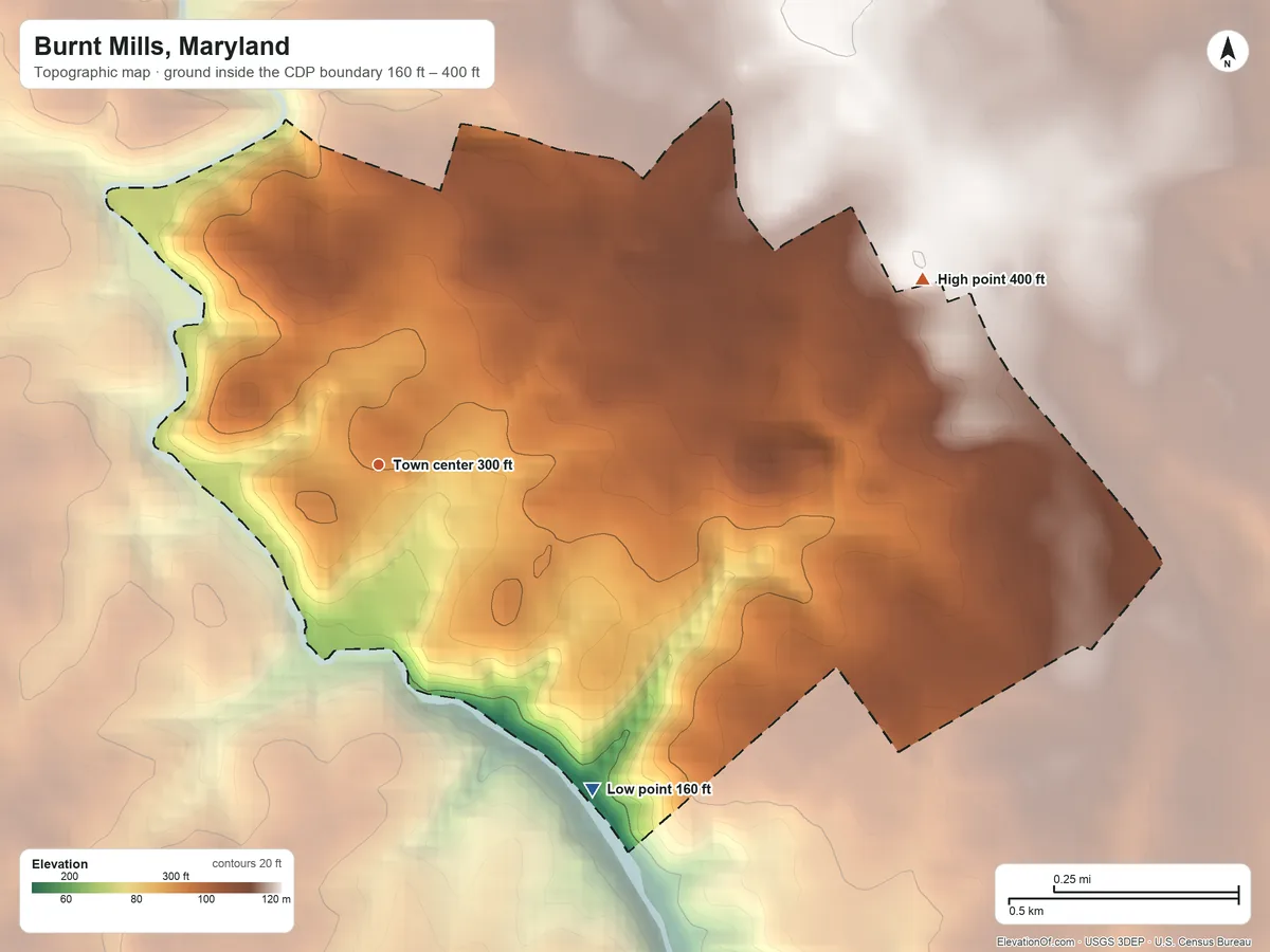 Topographic elevation map of Burnt Mills, Maryland, shaded from 160 ft on the southeast side to 400 ft on the east side